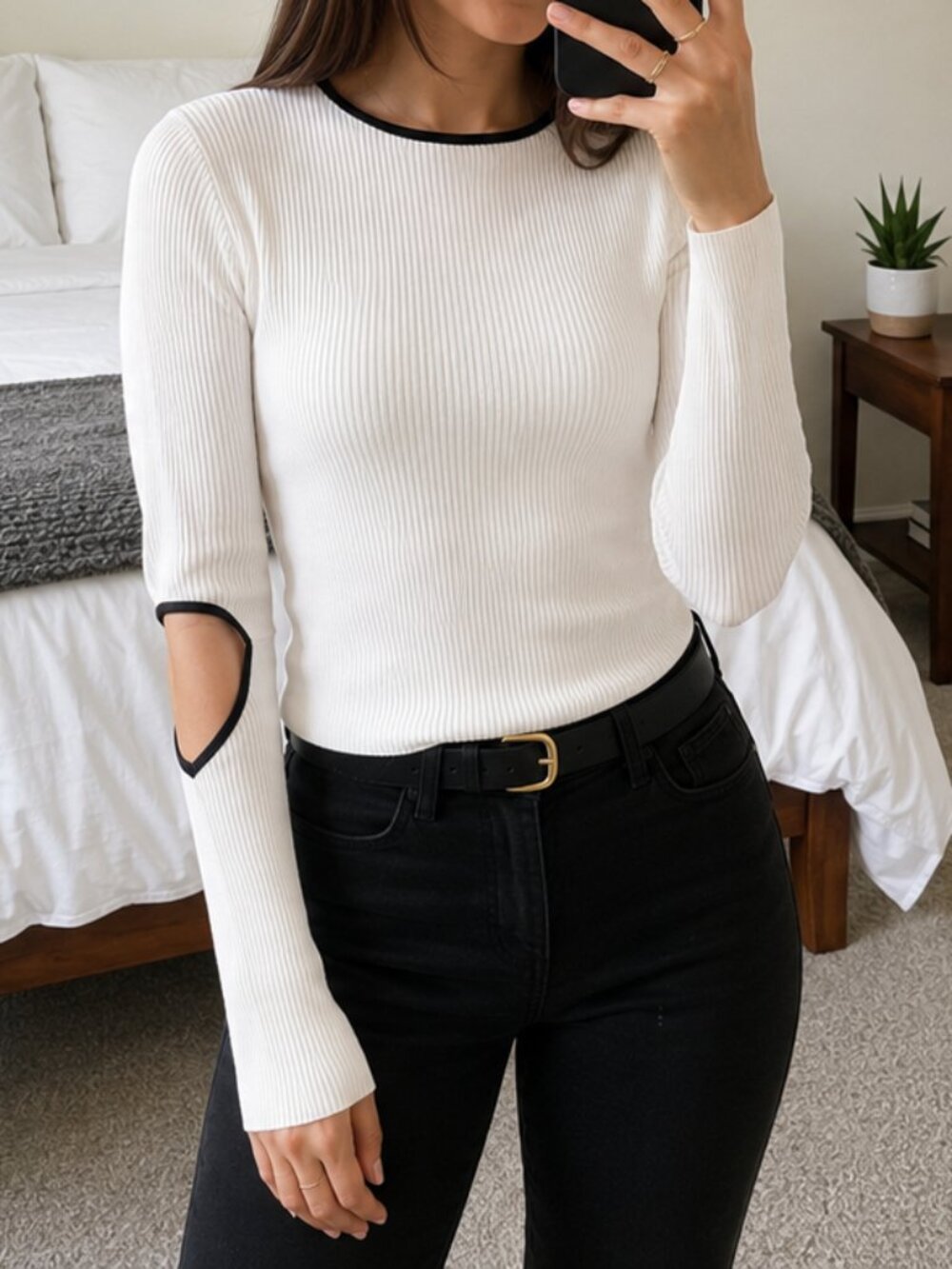 Zara White Ribbed Long Sleeve Top with Black Contrast Trim & Elbow Cut-outs - S